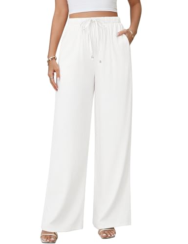 Jyanl White Linen Pants Women Flowy Wide Leg Palazzo Pants Boho High Waist Loose Beach Vacation Summer Trousers Dressy Long Pants Vacation Outifits