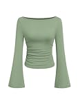 PRETTYGARDEN Womens Long Sleeve Shirts 2026 Spring Crop Going Out Tops Casual Boat Neck Bell Sleeve Ribbed Ruched Y2K Clothes (Light Green,Small)