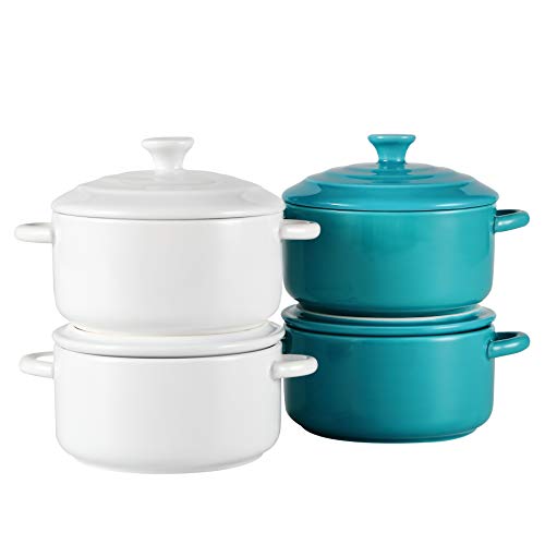 Bruntmor 8.5 Oz Mini Cocotte Ceramic Ramekins For Baking, Mini Casserole Dish With Lid, Cute Stoneware Individual Severing Pot, Ramekins 8 Ounce Oven Safe Souffle Dish (Teal,White) #TOP5