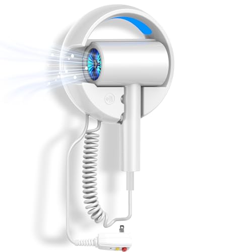 110V Hotel Wall Mounted Hair Dryer for Bathroomwith Night Light Professional Styling HairDryer for SalonBlue Light Negative Ions Fast Drying Restroom Blow DryerMatte Texture - Pearly White