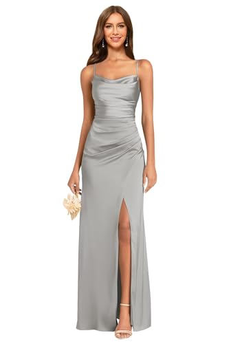 Women's Spaghetti Straps Bridesmaid Dresses Long with Slit Cowl Neck Mermaid Pleated Formal Evening Dresses