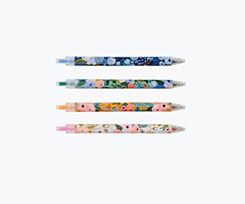 RIFLE PAPER CO. Garden Party Gel Pen Set, Printed in Full Color, Four Different Plastic Pens, 0.5 mm Rollerball Tip, Pink, Orange, Red, Blue, Set of 4