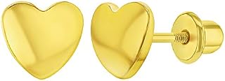 Gold Plated Little Plain Heart Safety Screw Back Earrings for Infants, Toddlers, and Little Girls - Gorgeous Small Plain Heart Screw Back Studs for Kids - Jewelry for Casual or Formal Occasion
