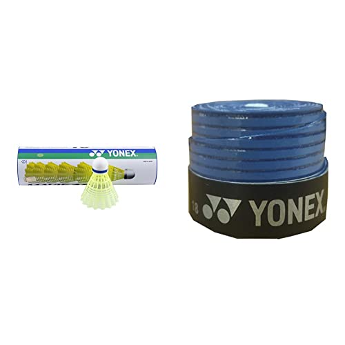 Image of Yonex Mavis 10 Nylon Shuttlecock, Yellow, Pack of 6 | Made in Japan (Blue Cap)&Yonex ET 903 E Super Rubber Badminton Grip (Blue)