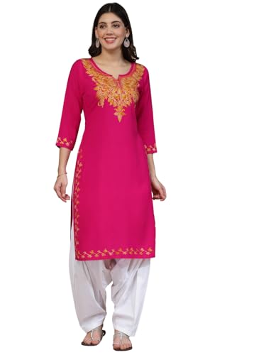 Image of QAZMI Women's Rayon Cotton Straight Keyhole Neck Three-Quarter Sleeves Kashmiri Embroidery Kurti
