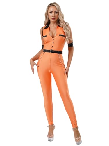 ranrann Disfraces Presidiario Adulto Mono Naranja de Preso sin Mangas con Cinturón de Piel Sintética Uniforme de Reclusa para Fiesta Temática S-XXL Naranja L