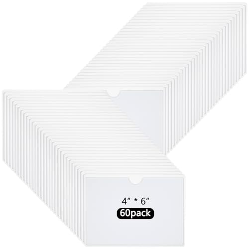 60 PCS Clear Adhesive Pockets 6.3 x 4.5 Inch Index Card Pockets with Top Open Labels Holder Index Card Plastic Photo Sleeves Label Pockets Holder Clear Card Holder for Office School Business Library