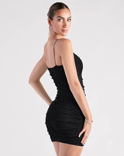Image of ADDYVERO V-Neck Full Gather Shoulder Straps Sleeve Lurex Gliter Solid Mini-Length Hem Women Bodycon Dress