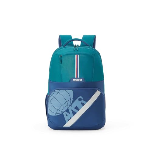 Image of American Tourister Opus | 40 Ltrs | 3 Compartments | Bottle Pocket | Ergonomic Padded Back Panel & Shoulder Straps | High School Backpack | 1 Year International Warranty | Green /Navy