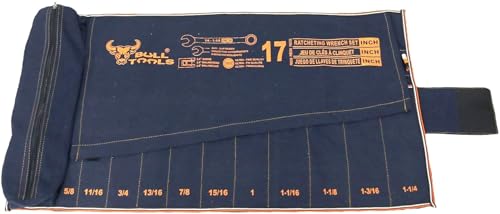 Image of BULL TOOLS Metric Ratcheting Wrench Set SAE, 17-Pocket Roll, with Zip Pouch, Made from Durable Recycled Cotton Canvas for Mechanics, DIYers, and Home Use - Navy Blue