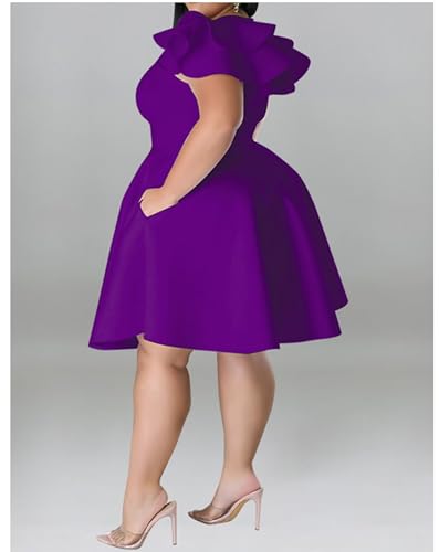 Image of IyMoo Women's Plus Size Cape Flutter Sleeve Stretchy A Line Swing Flared Skater Cocktail Party Dress with Pockets