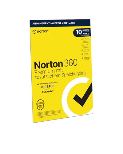 Norton 360 Premium mit extragroßer Backup-Kapazität – Amazon Exklusiv* 75GB zusätzlicher Cloud-Backup Speicher. Antivirus Software für 10 Geräte und einem Jahr Laufzeit Norton 360 Premium mit extragroßer Backup-Kapazität – Amazon Exklusiv* 75GB zusätzlicher Cloud-Backup Speicher. Antivirus Software für 10 Geräte und einem Jahr Laufzeit