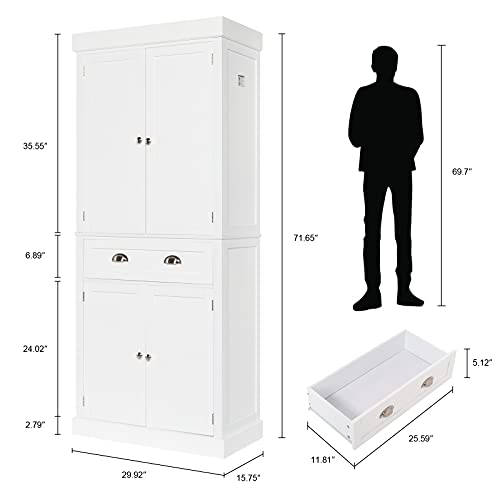 Image of VINGLI 71-Inch White Storage Cabinets with Drawers, Freestanding Pantry Cabinets with Doors and Shelves Adjustable, Wood Farmhouse Kitchen Pantry Cupboard