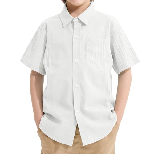 LOLANTA Camisa de Manga Corta para Niños, Mezcla de Algodón y Lino Transpirable, con Botones y Bolsillos, Corte Regular, Camisa de Verano Casual para la Escuela(Blanco, 13-14 años, 160)