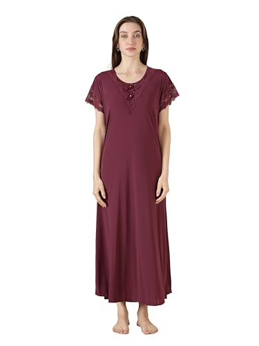 Image of 9shines Label Stylish Soft Modal Maxi Nighty | Honeymoon Nighty | Full Length Trendy Nightgown | V-Neck Lace | Premium Nightdress | Soft Long Nightdress | Maxi Gown Nightwear for Women (Malai Satin)