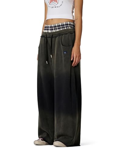 Aelfric Eden Double Waist Washed Baggy Sweatpants Loose Wide Leg Plaid Patchwork Casual Pants with Pockets3