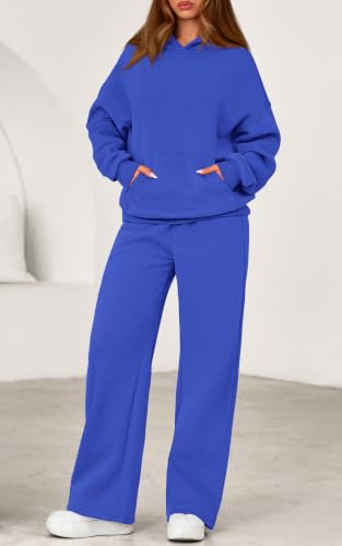PRETTYGARDEN Women's 2 Piece Outfits Fall Sweatsuits Oversized Hoodies Wide Leg Sweatpants Tracksuits Lounge Travel Matching Sets (Royal Blue,L) — view 3