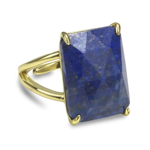 TSdiyART Lapis Lazuli Ring, Natural Blue Stone Ring Cocktail Aura Ring for Women, 18k Gold Plated Rectangle September Birthstone Lapis Jewelry