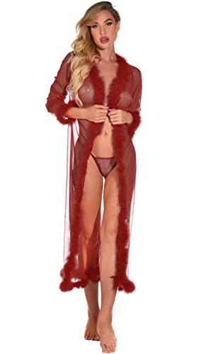 Honeystore Women's Lingerie Robe Long Sheer Babydoll Kimono Robe Nightgown Bridal Robe with Fur 29963-Burgundy M