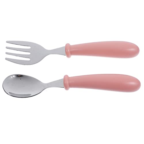 HAWILLOSCH 1 Set Durable Stainless Steel Spoon Fork for Lightweight Compact Design for Self Feeding Includes Storage Box Pink