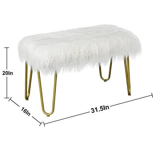 Ivane White Faux Fur Plush Bench With Modern Brushed Gold Hairpin Metal Legs, Fluffy Upholstery Stool For Entryway, Living Room, Dining Room, Bedroom And Cloakroom Vanity Chair #TOP2