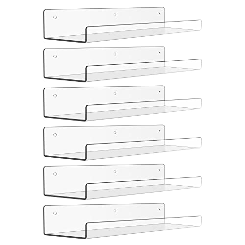upsimples 6 Pack Acrylic Shelves for Wall Storage, 15" x 4“ Floating Bookshelves for Kids, Display Shelf Organizer for Bathroom, Bedroom, Living Room, Kitchen, Room Decor, Clear by upsimples - Used condition - US$14.87