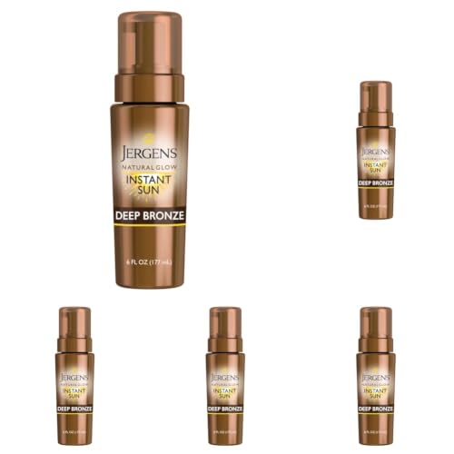 Image of Jergens Natural Glow Instant Sun Body Mousse, Self Tanner for Deep Bronze Tan, Sunless Tanning Body Bronzer for Natural Looking Color Instantly, 6 Fl Oz (Pack of 5)