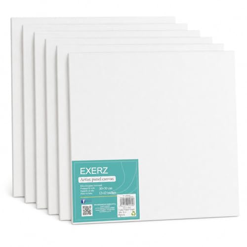 EXERZ 30x30cm Paneles de Lienzos 6 piezas - 0,3cm de Espesor/Lienzos 280GSM / 100% Algodón - Color Blanco/Triple Preparado/Libre de Acido/Hebra Media / - acrílicos & óleo