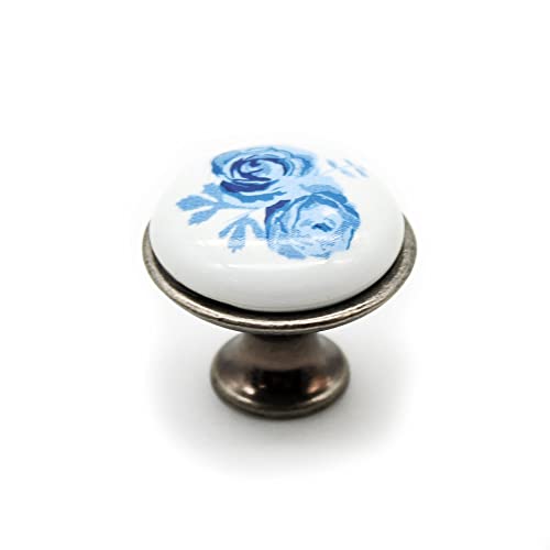 DOJA Barcelona | Pomos Vintage Rosa Azul Claro | Ø26,5 x 23 mm | Paquete de 12 pomos de porcelana antigua y latón antiguo | Pomo rústico | Tiradores vintage para cocina, baño, salón