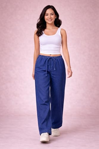 Image of London Hills Jeans for Woman | Wide Leg Jean for Women | Women's Wide Leg Denim Pants | Elastic Waist Drawstring Jeans for Women | Loose Fit Casual Palazzo Trousers | Woman Jean's Pant