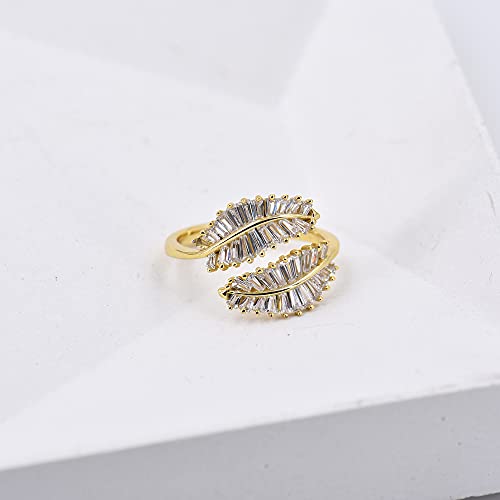 Vescence 18K Gold Plated Cz Open Ring Double Leaf Wrap Rings Adjustable | Cz Stacking Ring In Gold | Unique Statement Ring Cocktail Party Ring Hypoallergenic (Ves-2021-R-2-L) #TOP5