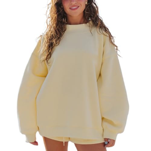 Image of HOXIJIA Women Casual Solid Color 2 Pieces Sets Long Sleeve Pullover Sweatshirt and Shorts 2PCS Outfits Oversized Sweatsuit(Yellow, L)