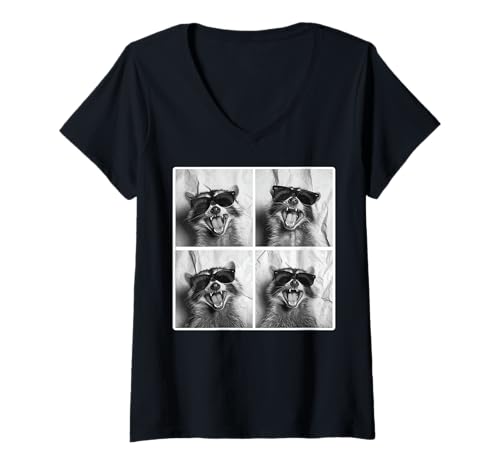 Mujer Lindo mapache con gafas de sol divertido Photobooth Selfie Camiseta Cuello V
