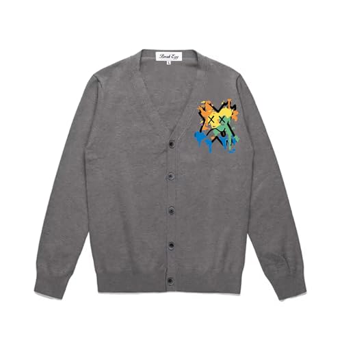 Unhappy X Graffiti Puzzle Graphic Men Cardigan Chest Printing V-Neck Cotton Button Open Front Sweater