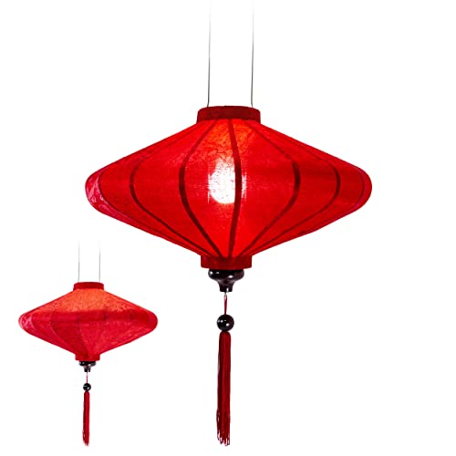 Linterna de lámpara asiática de seda roja – Lámpara colgante tradicional de Hoi an de tela, bambú y madera – Decoración y artesanía de Vietnam (P25-R)