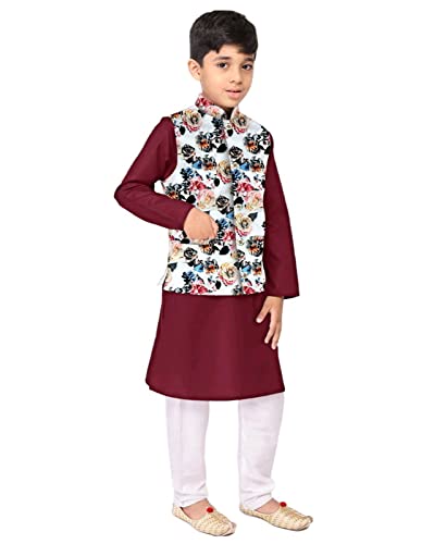 Image of Os Men's & boy kurta pyjama set with nerhu jackets (Multi printed) in cotton (baap beta|father son|)