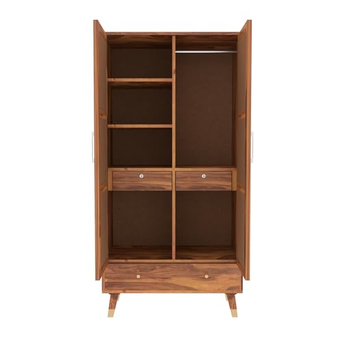 Image of Solid Sheesham Wood 2 Door Wardrobe with Rattan Cane Work & 3 Drawer | Rosewood Almirah for Bedroom Storage (Natural Finish)