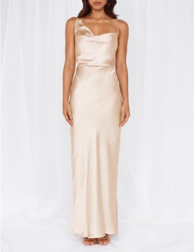 Image of Formal Satin Silk Spaghetti Strap Maxi Dresses for Women Wedding Guest