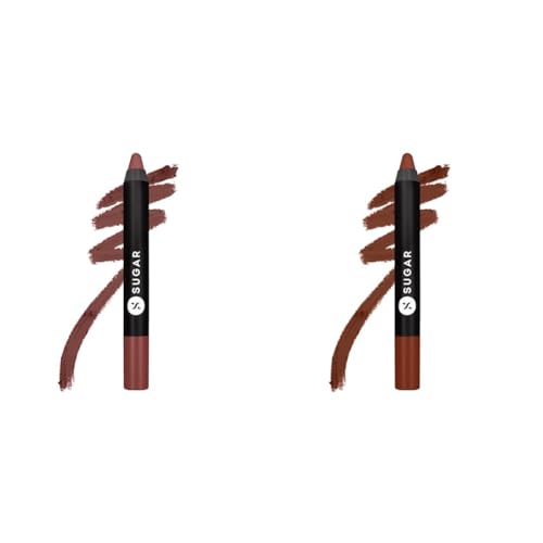 SUGAR Cosmetics – Matte As Hell – Crayon Lipstick -20 Buffy Summers (Mid-tone Warm Nude) & SUGAR Cosmetics – Matte As Hell – Crayon Lipstick -19 Emma Woodhouse (Earthy Brown)