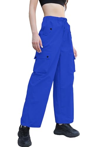 Image of Betusline Girls & Women's High Waist Wide Leg Cargo Pants Y2K Parachute Pants with Pockets and Drawstring 6 Years-Women 2XL