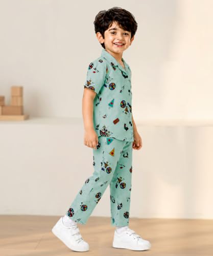 Image of 3BROS Unisex Pure Cotton Short Sleeve Kids Night Dress for Boys & Girls Nightwear /Sleepsuit /Sleepwear /Loungewear Night Suit for Boys and Girls Top and Pyjama Combo Set