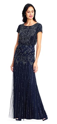 Image of Adrianna Papell Boat Neck Short Sleeve Blouson Beaded Gown