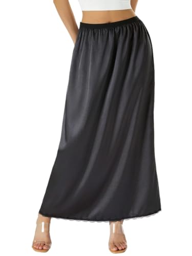 Trend Women's Summer Basic Skirt Satin Slip Lace Trim Maxi Skirt for Beach