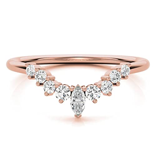 Round & Marquise Moissanite Wedding Band, Engagement Ring, Bridal Set, Eternity Stackable Matching Dainty Minimalist Antique Vintage Comfort Fit Handmade Jewelry Anniversary Rose Gold Band