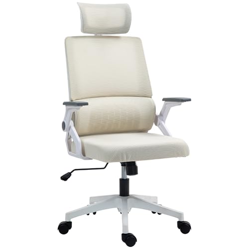 Vinsetto Silla de Oficina de Malla con Función de Basculante Silla de Escritorio Giratoria con Altura Ajustable Reposacabezas Regulable y Reposabrazos Carga 120 kg para Estudio Beige