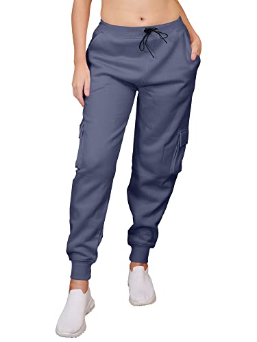 Love My Fashions® Women's Casual Cargo Jog Pants Soft Warm Fleece Slim Fit Elastic High Waisted Jogger Pants Combat with Drawstring and Pockets Navy Blue