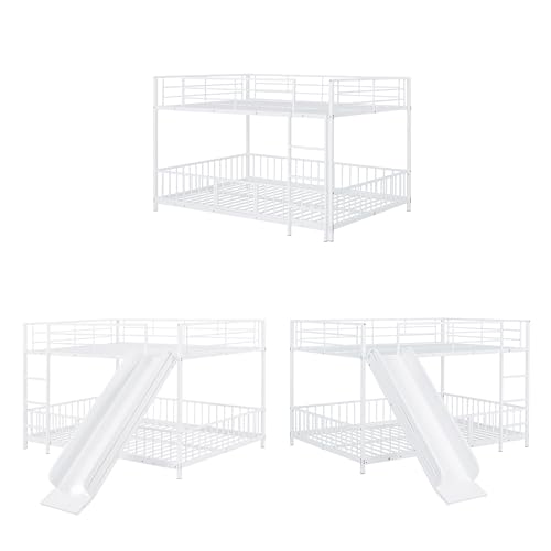 Image of Bellemave Full Over Full Bunk Bed with Slide and Ladder, Metal Low Bunk Beds for Kids, Girls, Boys, Removable Fence and Door, White