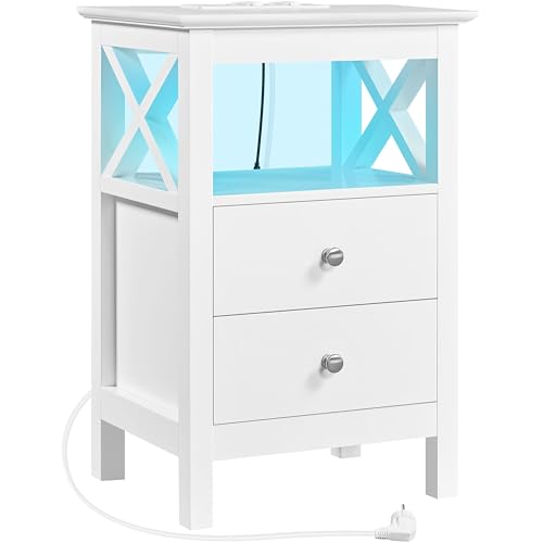 Yaheetech Nachttisch mit Ladefunktion & Verstellbarer LED-Beleuchtung Nachtschrank mit 1 Offene Ablage & 2 Schubladen für Schlafzimmer, 40 x 30 x 60 cm Weiß