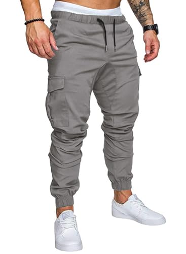 JMIERR Mens Fashion Cargo Pants - Casual Cotton Tapered Stretch Twill Drawstring Athletic Joggers Sweatpants with 6 Pockets