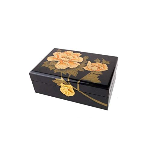 lachineuse - Boite à Bijoux Fleurs Pivoines Dorées - Boite de Rangement en Bois Laqué - Coffret à Bijoux & Secrets - Déco Chinoise - Coffret Cadeau Femme - Déco Asie Or - Idée Cadeau - 21x14x7 cm